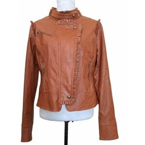 Apple Bottoms Vegan Leather Jacket Camel Tan Ruffle Moto Western Size Large